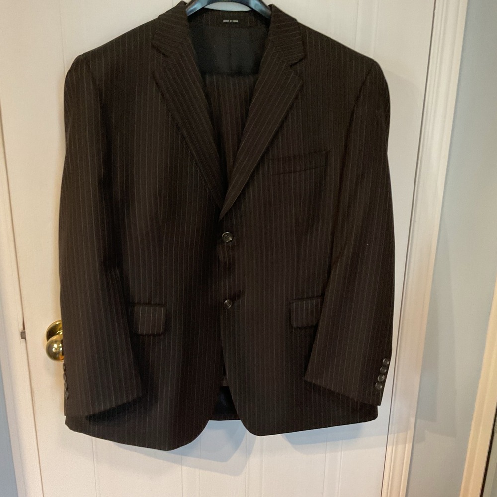 Chaps Pinstripe Suit Mens 42S Brown Excellent 100% Wool 2-Piece Set